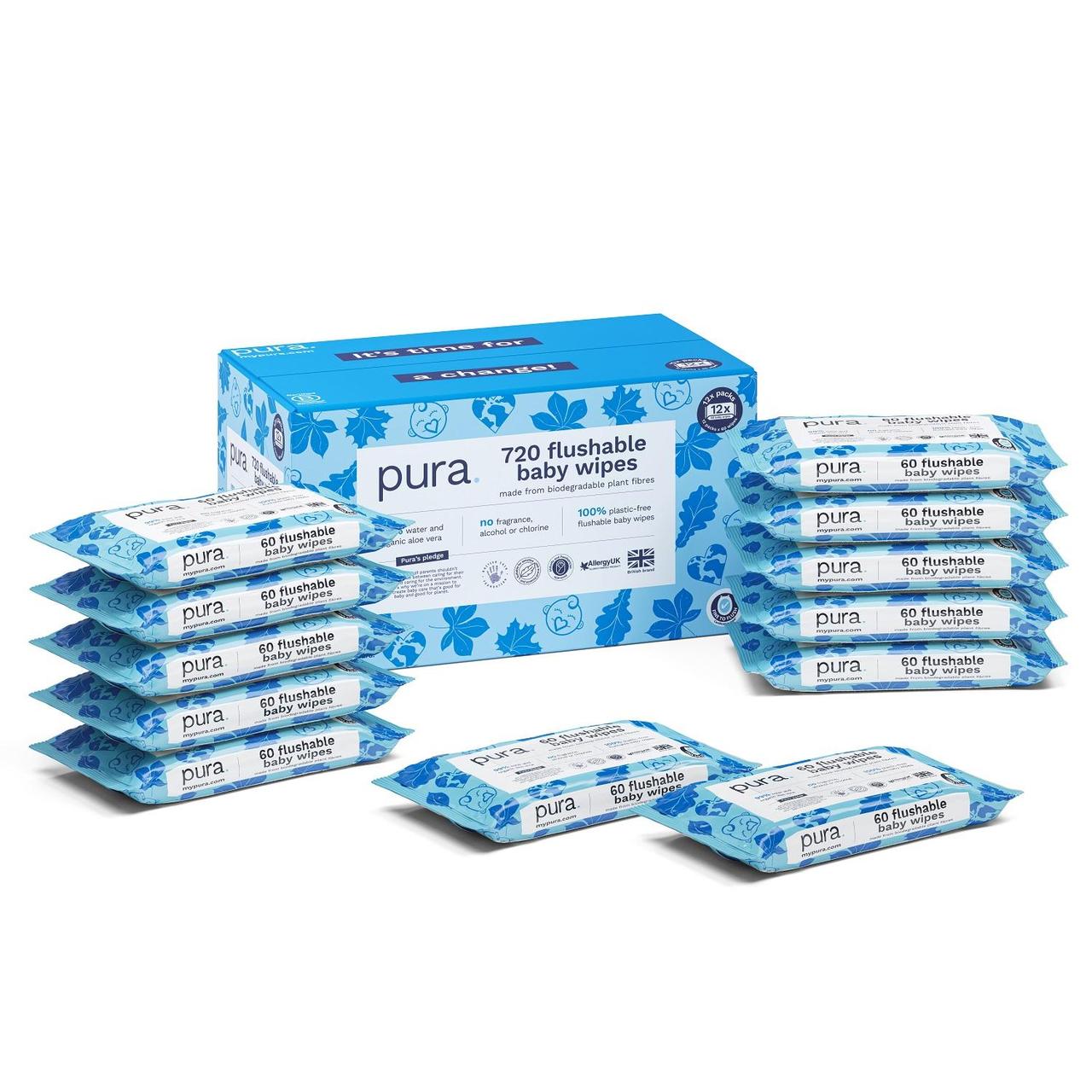 Pura Plastic Free Flushable Baby Wipes 12 x 60pk