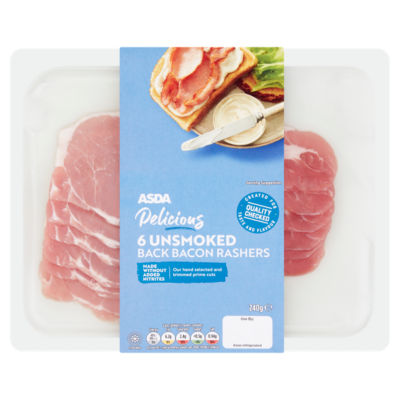 ASDA Delicious 6 Unsmoked Back Bacon Rashers Nitrate Free 240g