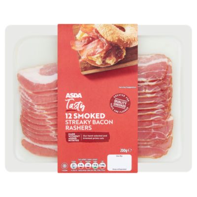 ASDA 12 Tasty Smoked Streaky Bacon Rashers Nitrate Free200g