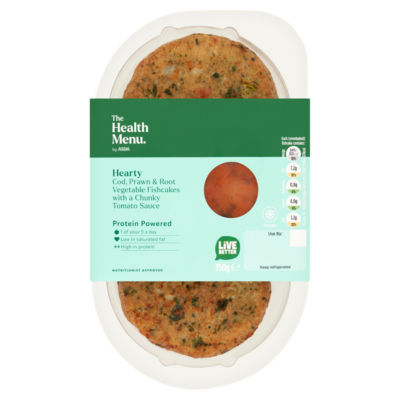 The Health Menu by ASDA Hearty Cod, Prawn & Root Vegetable Fishcakes with a Chunky Tomato Sauce 350g