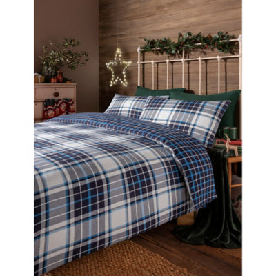 George Home Blue Christmas Checked Brushed Cotton Duvet Set - Double