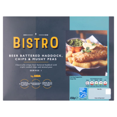 Bistro by ASDA Beer Battered Haddock, Chips & Mushy Peas 450g