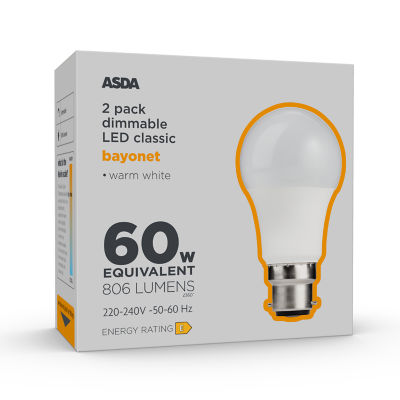 ASDA LED Classic 60W Bayonet Warn White Dimmable Lightbulb