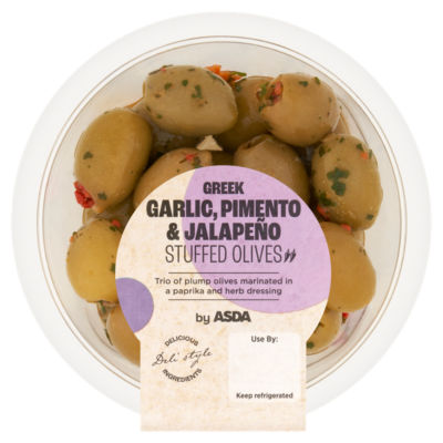 ASDA Greek Garlic, Pimento & Jalapeño Stuffed Olives 150g