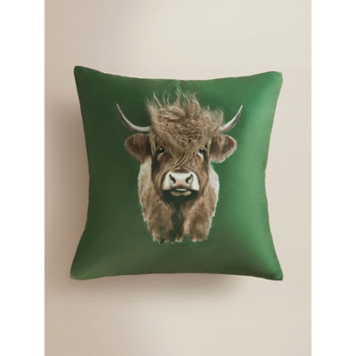 George Home Green Highland Cow Mongolian Fur Cushion