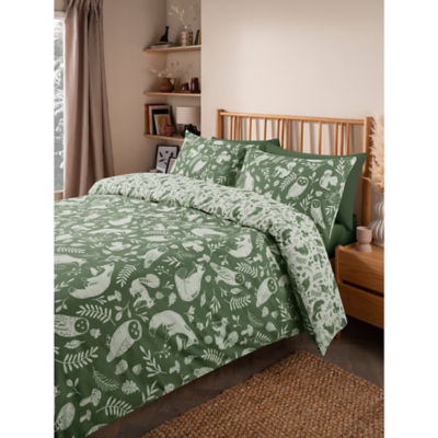 George Home Green Brushed Cotton Scandi Animals Reversible Duvet Set - Single