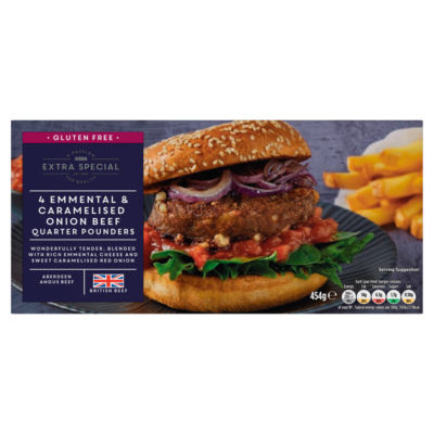 ASDA Extra Special 4 Emmental & Caramelised Onion Beef Quarter Pounders 454g