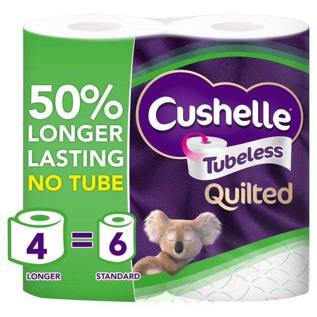 Cushelle Quilted Tubeless Toilet Tissue 4 equals 6 Regular rolls