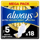 Always Ultra Sanitary Towels Secure Night Extra with Wings, Size 5 x18