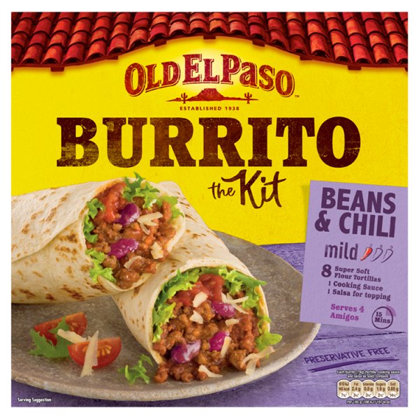 Old El Paso Mexican Hearty Beef & Bean Chilli Mild Burrito Kit 620g