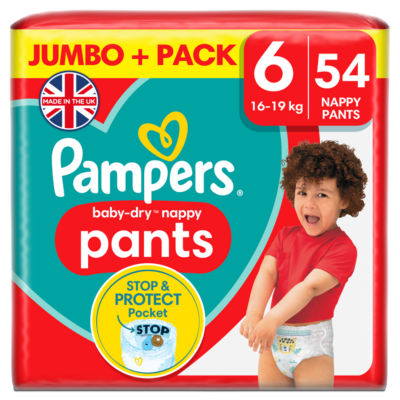 Pampers Baby-Dry Nappy Pants Size 6, 54 Nappies, 14kg - 19kg, Jumbo+ Pack