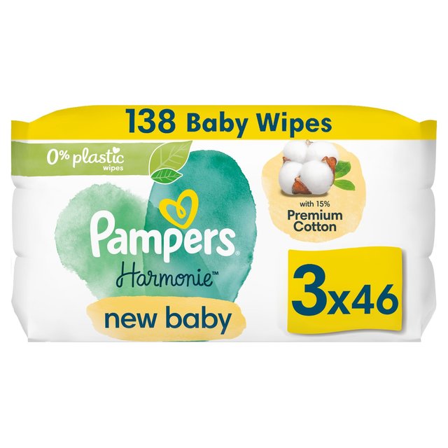 Pampers Harmonie New Born Plastic Free Wipes  138 Wipes 3 per pack