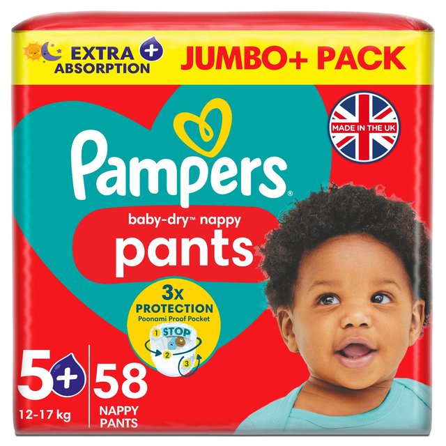 Pampers Baby-Dry Nappy Pants Size 5+, 58 Nappies,12kg-17kg