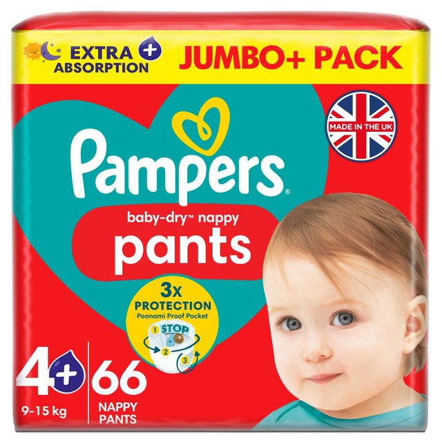 Pampers Baby-Dry Nappy Pants Size 4+, 66 Nappies, 9kg-15kg