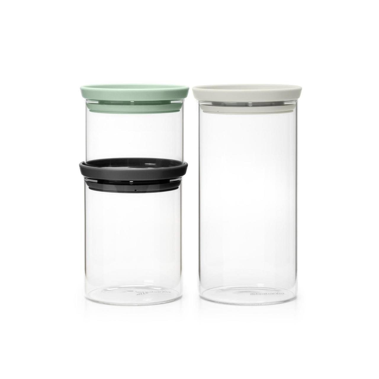 Brabantia Glass Jars Set of 3 Dark Grey, Light Grey, Jade Green.