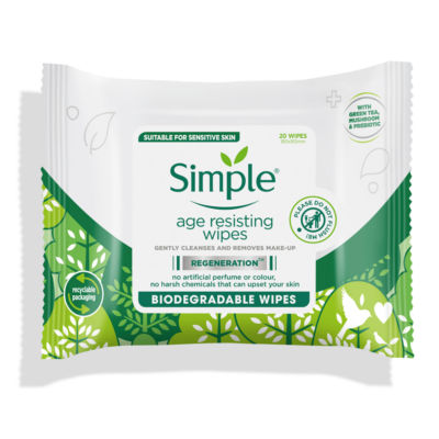 Simple Age Resisting Biodegradable Wipes 20 per pack