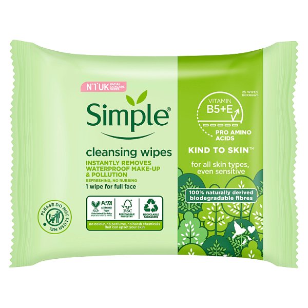 Simple Kind to Skin Biodegradable Facial Cleansing Make-Up Remover Wipes 25pc