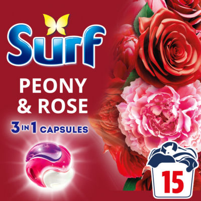 Surf 3 in 1 Laundry Washing Detergent Capsules Peony & Rose 15 washes